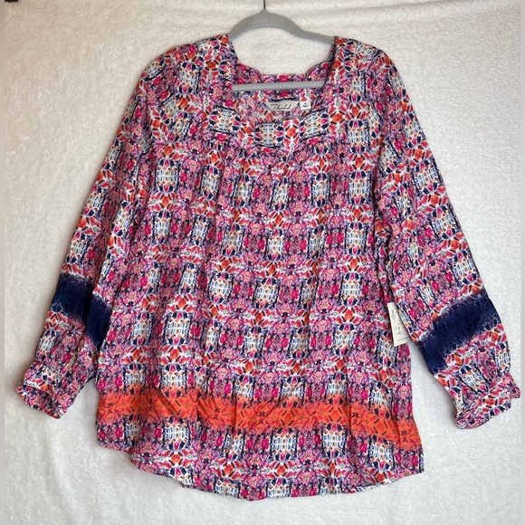 NWT Caffe marrakech long sleeved peasant boho blouse pink abstract floral 1X - Picture 2 of 7